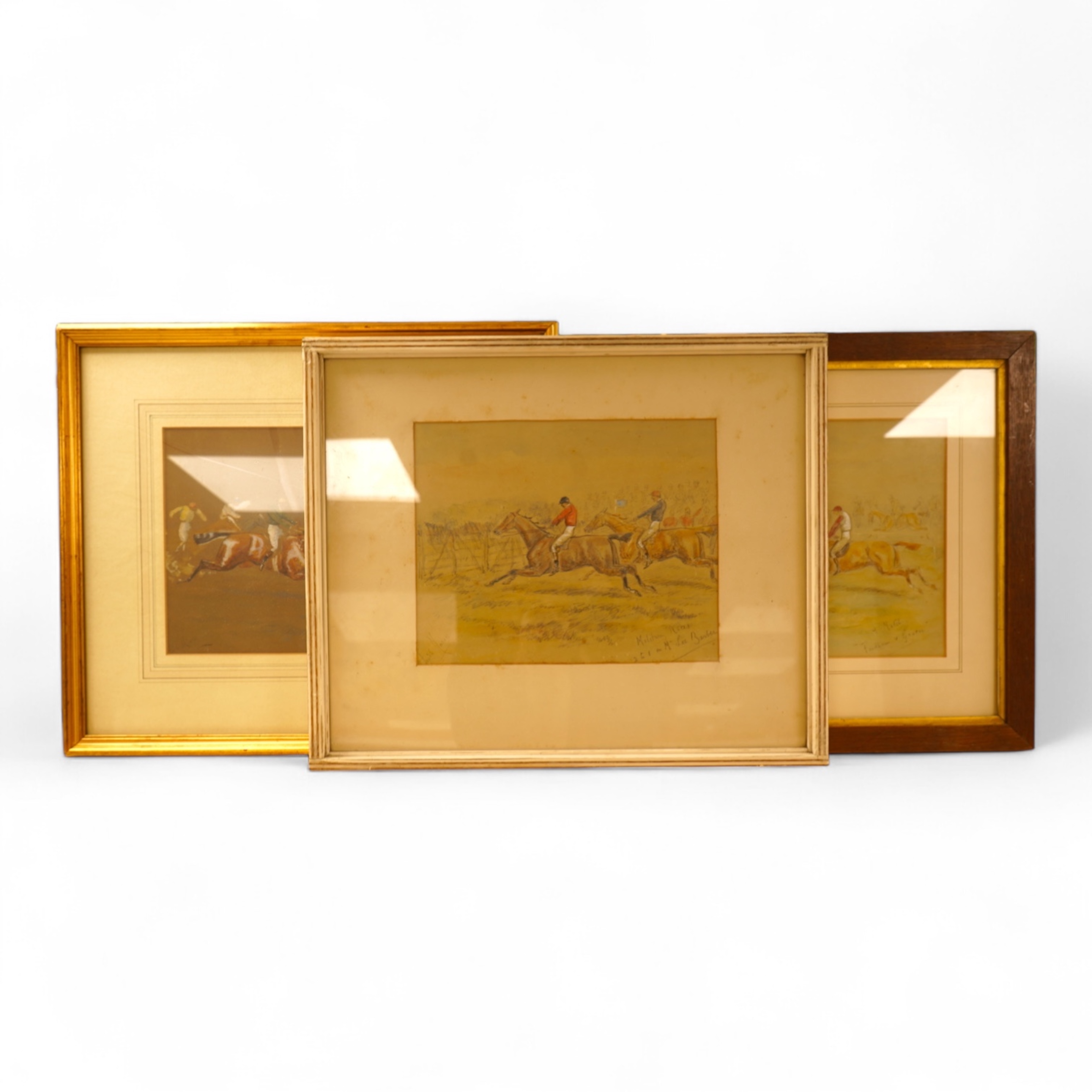 George Finch Mason (1850-1915), Three horse racing interest watercolours, to include 'Military races' and 'A Match, Fordham v Goater' each signed and largest 22 x 27cm